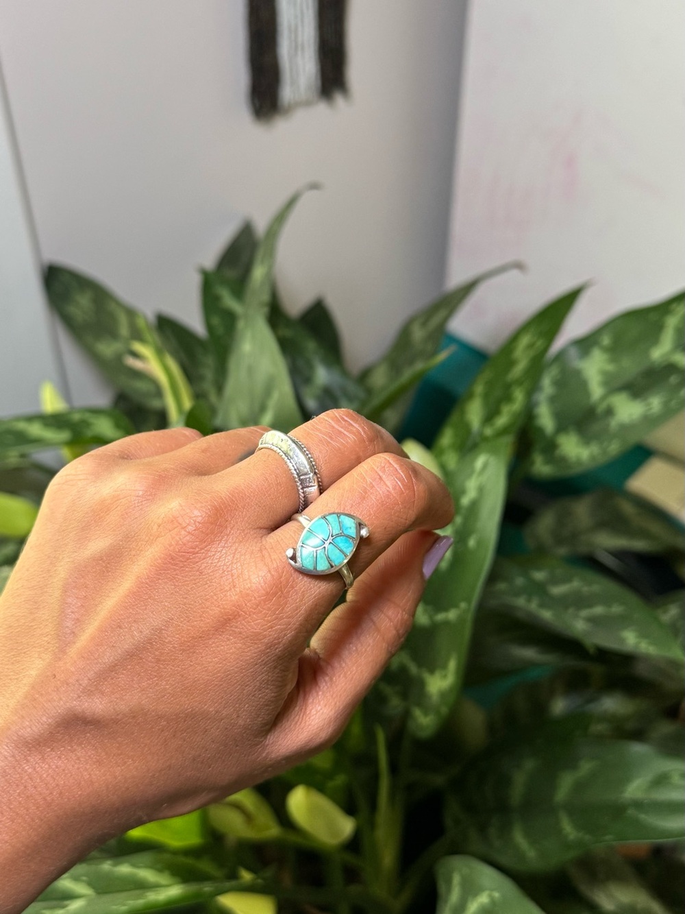 Vintage Sterling Silver Turquoise Inlay Turtle Ring - Blue